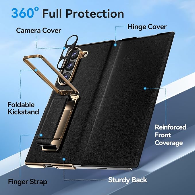 for Samsung Galaxy Z Fold 7 Case with Kickstand,【Military Grade Drop Protection】【Hinge Protection with Camera Cover】, Full Body Cover Shockproof Phone Case for Z Fold 7 Leather Case, Black