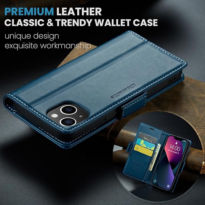 for iPhone 14 Plus Case, Premium PU Leather Wallet Case Flip Cover with [RFID Blocking][Card Holder][Stand Function] Shockproof Protective for iPhone 14 Plus 6.7", Blue