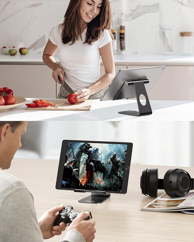OMOTON Tablet Stand Holder Adjustable, T1 Desktop Aluminum Tablet Dock Cradle Compatible with iPad Air/Mini/Pro 11/12.9, iPad 10.2/9.7, Samsung Tab and More, Black