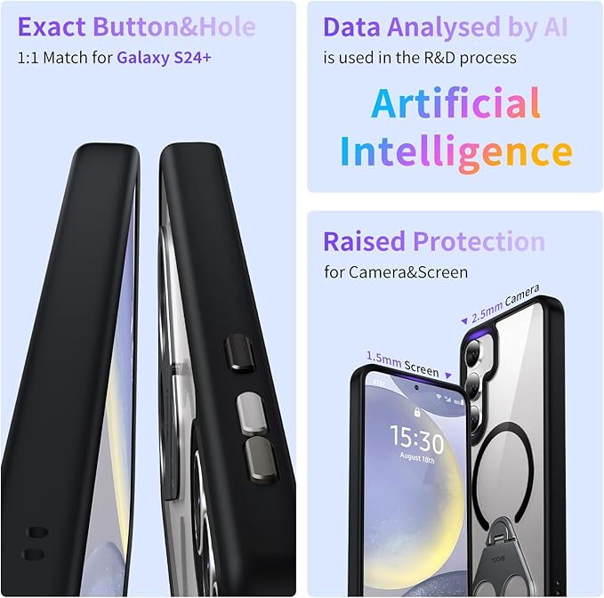 for Samsung Galaxy S24+ (Plus) Case Clear with Ring Holder,Kickstand 360°Rotatable Invisible Magnetic Built-in Stand [Compatible with MagSafe] [Drop Protection] Slim Soft Edge Cover,Black