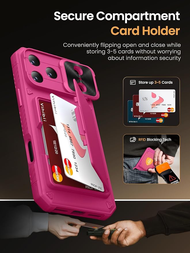 Vihibii for iPhone 17 Pro Case Wallet with Card Holder (4 Cards) [RFID Blocking] & Slide Lens Cover & Raised Edges Protect Screen, Shockproof Rugged Phone Cover Case for iPhone 17 Pro 2025, Hot Pink