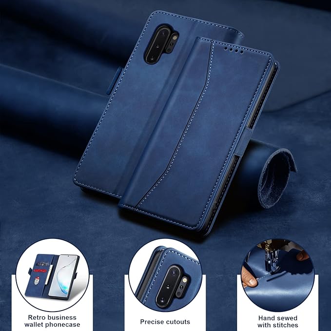 Jasonyu Flip Wallet Case for Samsung Galaxy Note 10 Plus,Leather Magnetic Folio Cover with Card Holder,Kickstand - TPU Shockproof Durable Protective Phone Case,Blue