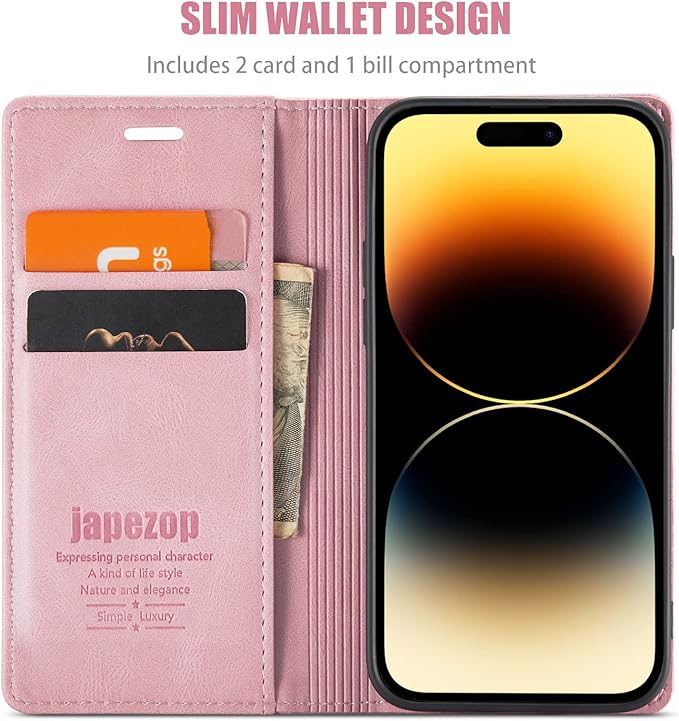 japezop iPhone 14 Pro Wallet Case with [RFID Blocking] Credit Card Slots Folio Magnetic Stand,Leather Flip Case Wallet for iPhone 14 Pro 5G 6.1 Inch (Pink)