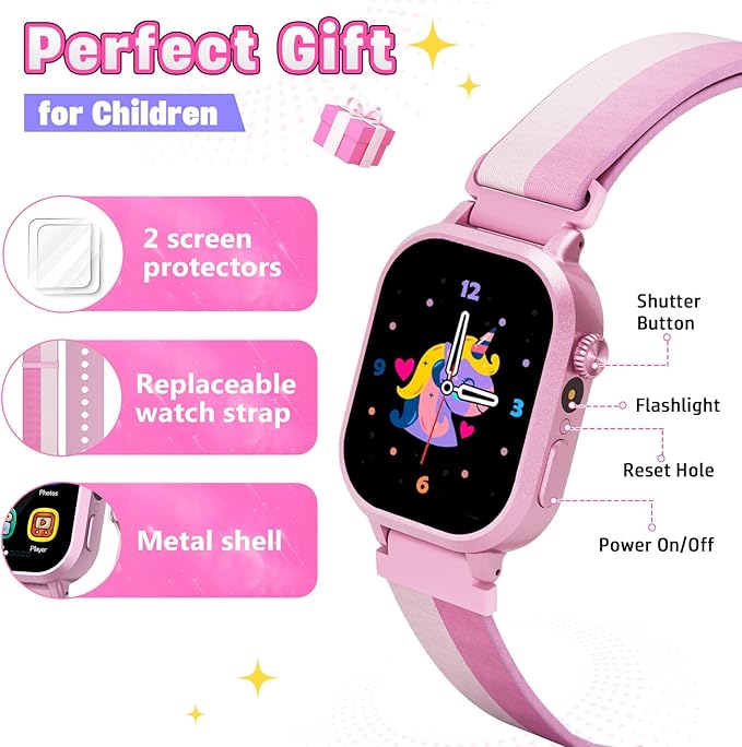 Vakzovy Kids Waterproof Smart Watch Girls Gift Age 4-12, Kids Watch with 39 Games Video Camera Music Player Alarm Clock Pedometer Calculator Habit Tracking Birthday Gift for 6 7 8 9 Year Olds Girls
