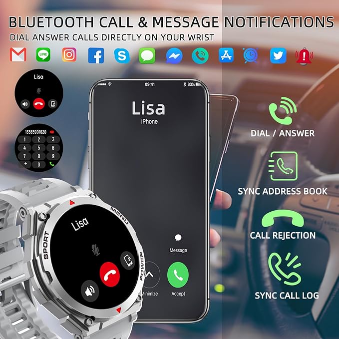 Military Smart Watches for Men(Answer/Make Calls), 1.52" HD Fitness Watch, AI Built-in,AI Face,Heart Rate Sleep Monitor, 100+ Sport Modes, Text, IP68 Waterproof Smartwatch for Android iOS