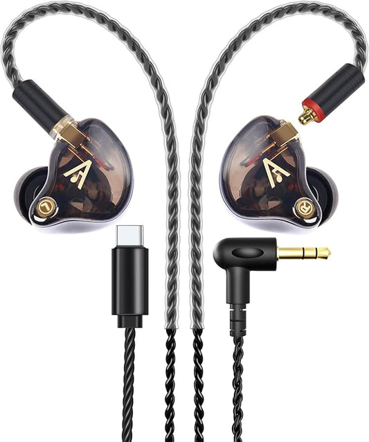 Vibes 201C Wired Earbuds in-Ear Headphones, USB C to 3.5mm Adapter & Braided Cord, Noise Isolating Bass Driven Earphones, Carry Case, Ear Buds Tips, 3.5mm Jack (Clear Brown, No Mic)