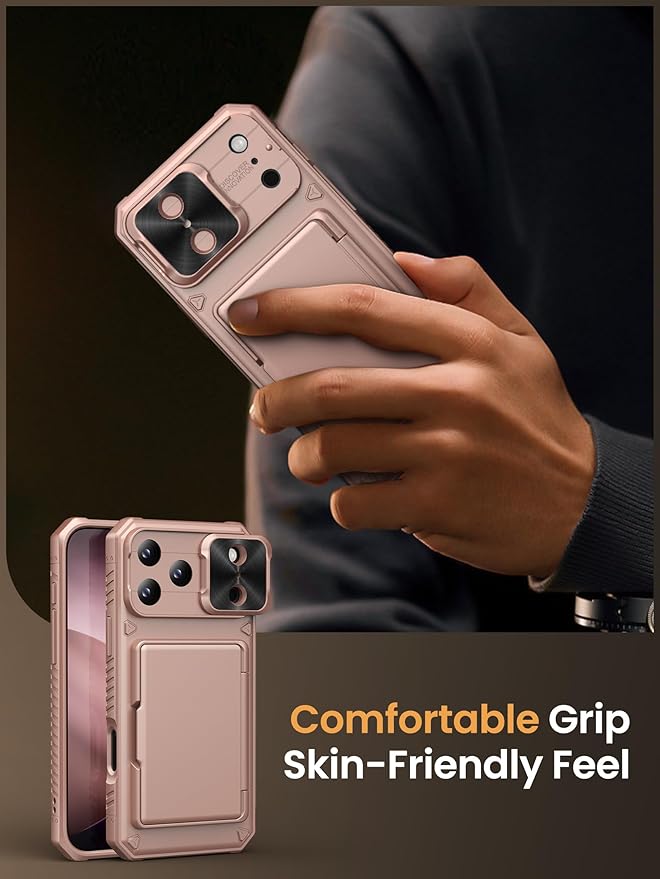 Vihibii for iPhone 17 Pro Max Case Wallet with Card Holder (4 Cards) [RFID Blocking] & Slide Camera Cover, Military Grade Drop Protection, Rugged Back & Silicone Edge Phone Case 6.9" 2025, Rose Gold