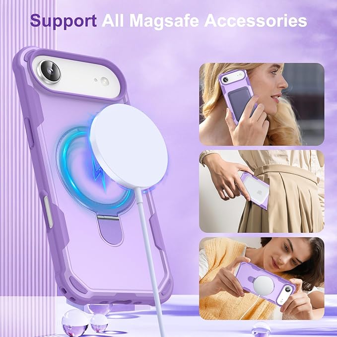 Compatible with iPhone 17 Air Case with Invisible Magnetic Ring Stand [Compatible with Magnetic] [Military Drop Protection] Shockproof Slim Hard Back Soft Edge Case 6.6 Inch, Purple