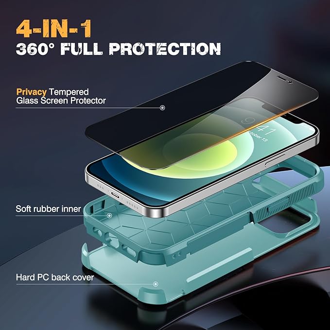 Diaclara Designed for iPhone 12 Case/iPhone 12 Pro Case, [with Privacy Screen Protector] [Anti Spy] [Military Grade Drop Protection] Heavy Duty Full-Body Shockproof Phone Case, Mint Green