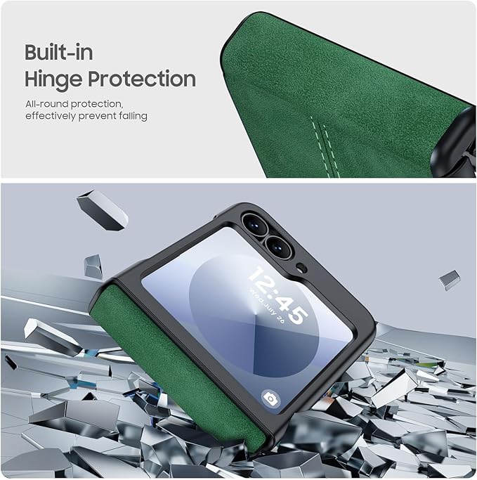 for Samsung Galaxy Z Flip 6 Case/Z Flip 7 FE Case with Hinge Protection & Built-in Screen Protector, Ultra Thin Leather Shockproof Cover Phone Case for Galaxy Z Flip 6/Z Flip 7 FE-Green