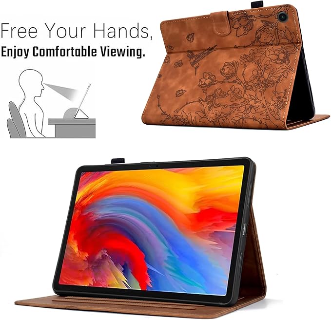 KEROM Case for Samsung Galaxy Tab A9+ Plus 11 Inch 2024 2023 (SM-X210/X216/X218), Embossed Suede Leather Folio Stand Cover with Auto Wake/Sleep & Card Slot & Pen Holder - Brown Bird Flower Embossing