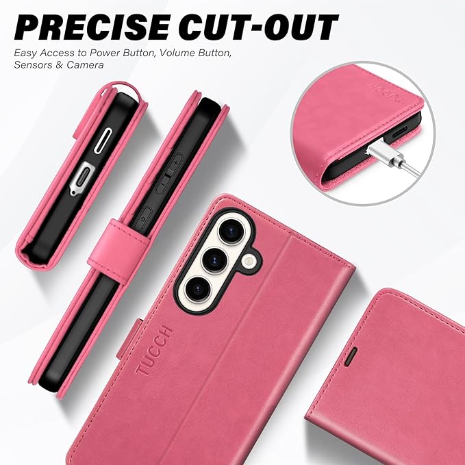 TUCCH Case Wallet for Galaxy S25 Plus, PU Leather Magnetic Kickstand [RFID Blocking] Card Slot Folio Flip Cover with [TPU Shockproof Interior Case] Compatible with Galaxy S25 Plus 6.7" 2025, Hot Pink
