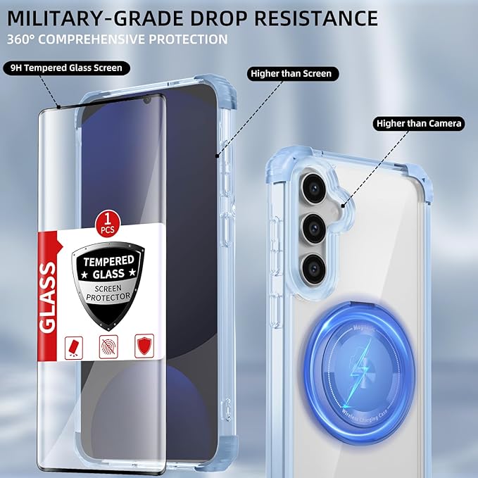 for Samsung Galaxy S24 FE Case Compatible with Magnetic Wireless Charging with 2 Screen Protectors, Galaxy S24 FE Case Built-in Kickstand Ring Military Grade Drop Protection Shockproof Blue