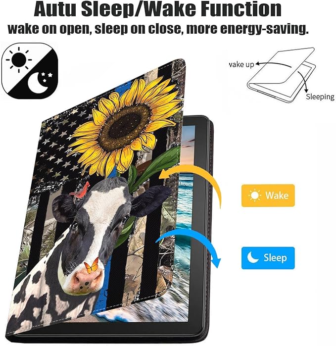 Case for Samsung Galaxy Tab A7 10.4 inch 2022/2020 (SM-T500/T503/T505/T507/T509), Premium PU Leather Stand Folio Cover with Auto Sleep/Wake, American Flag Sunflower and Cow