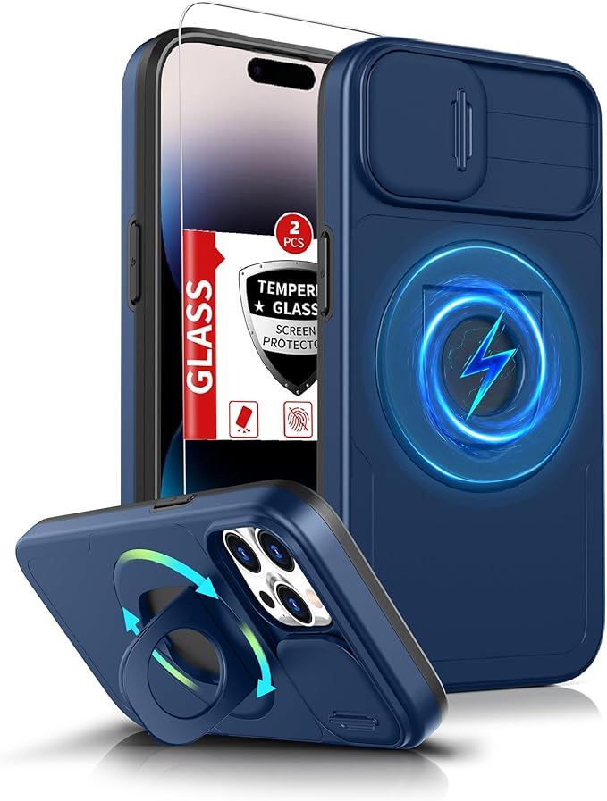 for iPhone 14 Pro Case Magnetic Compatible with MagSafe Wireless Charge,with 2 Screen Protectors,Case Built-in Kickstand Ring Camera Heavy Duty Protection Military Grade Drop Shockproof Blue