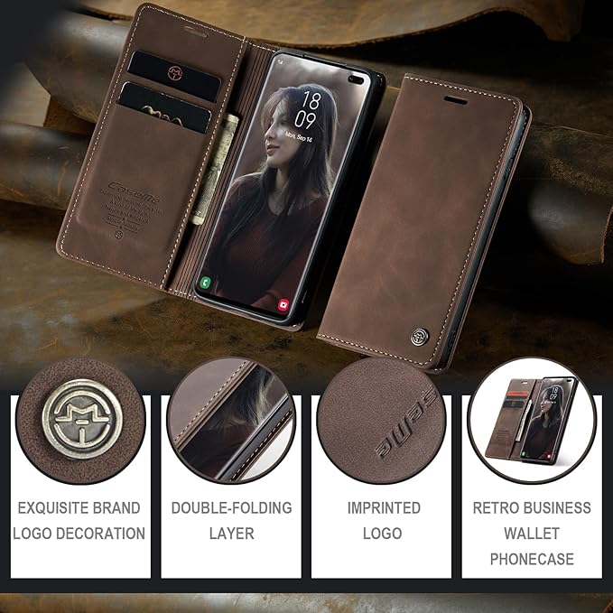 for Samsung Galaxy S10 Plus Case, Flip Wallet Leather Case with Card Holder Magnetic Closure Shockproof Kickstand Protective Phone Cases Cover for Samsung S10 Plus,Coffee