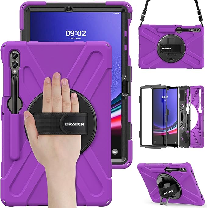 BRAECN for Galaxy Tab S10 Plus Case 2024&S9 FE Plus/S8 Plus/S7 Plus /S7 FE 12.4 Inch,Heavy Duty Shockproof Case with S Pen Holder&360 Rotating Hand Strap/Kickstand/Shoulder Strap for Tab S10+,Purple