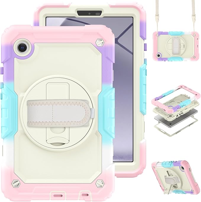 for Samsung Galaxy Tab A9 Case 8.7 inch Case, with Screen Protector, Hand Strap, Shoulder Strap, 360° Rotating Stand for Galaxy Tab A9 2023 Release SM-X110,SM-X115 Camo Pink