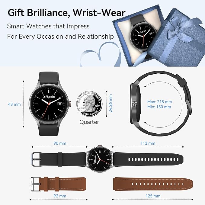 Fitpolo Smart Watches for Men/Women (2 Bands), 40mm Round Smartwatch Fitness Tracker with Bluetooth Calls (Make/Answer), Heart Rate/SpO2/Sleep Monitor, 7 Days Battery, IP68 Waterproof - Black