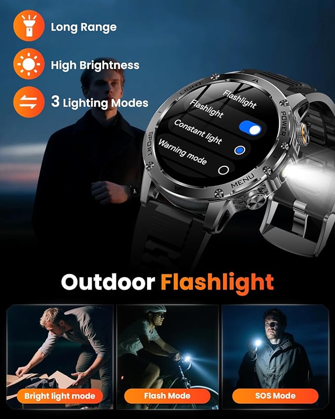 Military Smart Watches for Men, 1.7″ Smart Watch with 1000 mAh Battery, Led Flashlight, Answer/Make Calls, IP68 Waterproof, Heart Rate/Sleep Monitor 100+ Sport Modes Fitness Watch for Android/iPhone