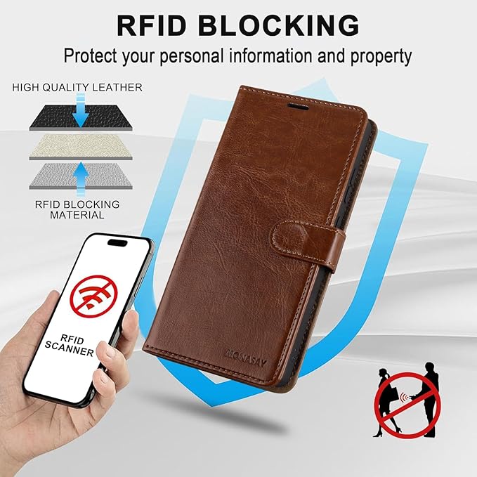 MONASAY Wallet Case Compatible for Galaxy S23 Ultra 5G,[RFID Blocking] Flip Folio Leather Cell Phone Cover with Credit Card Holder, 6.8 inch, Brown