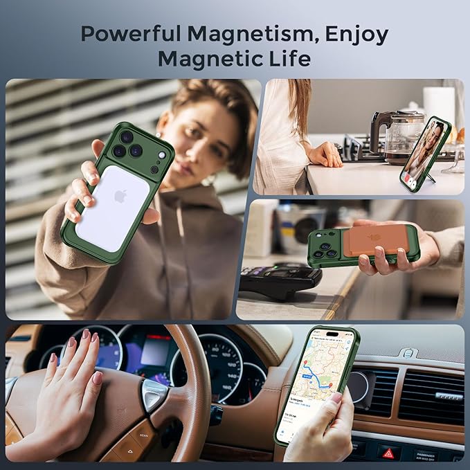 MOCCA Compatible with iPhone 17 Pro Case with Magnetic Invisible Stand [Full Camera Protection] [Compatible with Magsafe] Military Drop Shockproof Translucent Matte Phone Case Cover 6.3",Dark Green