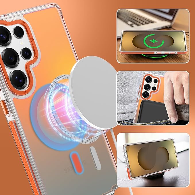 MOWIME Magnetic Case for Samsung Galaxy S25 Ultra [Compatible with Magsafe] [Cute Fashion Fluorescent Design] [1 Screen Protector] Slim Translucent Matte Case for Galaxy S25 Ultra 6.9", Orange