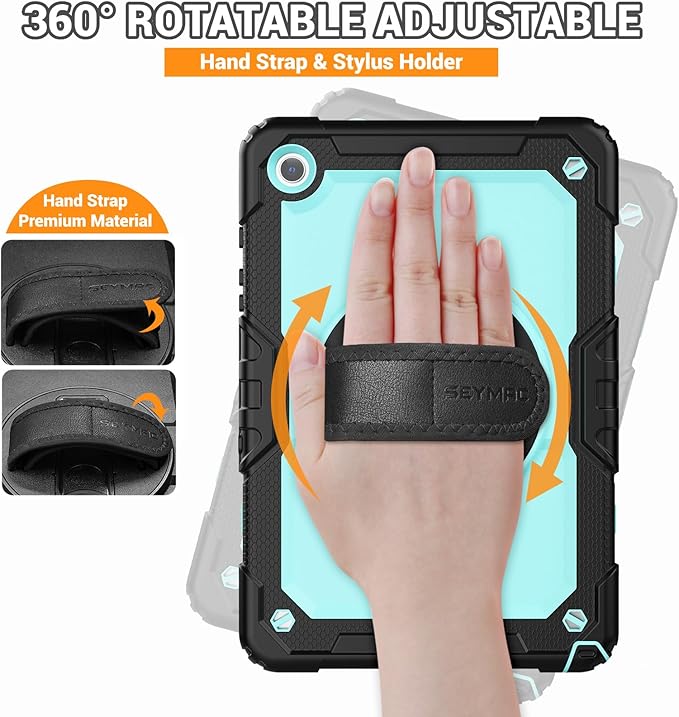 SEYMAC Case for Samsung Galaxy Tab A9+/ A9 Plus 11" (SM-X210/X216/X218), Heavy Duty Shockproof Protective Case with Screen Protector, Rotating Stand and Hand/Shoulder Strap, Light Blue