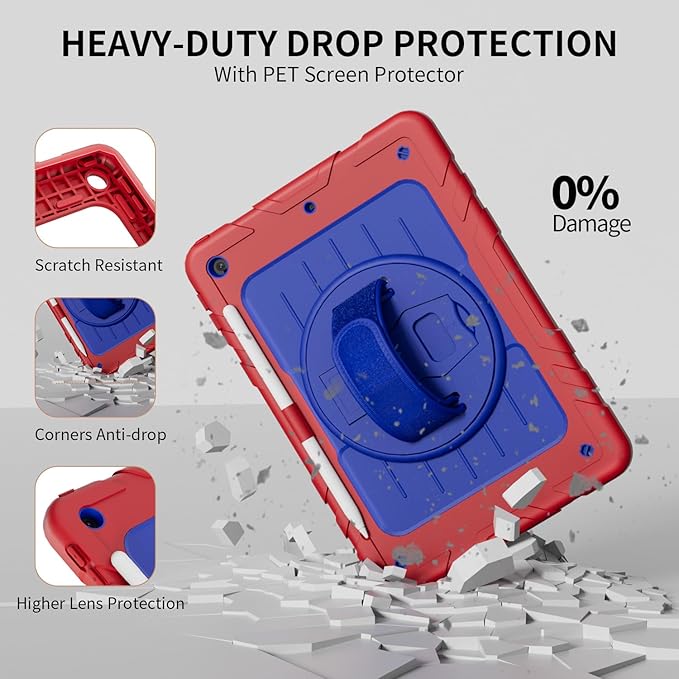Case for iPad 9th/8th/7th Generation-Built-in Screen Protector,with Pencil Holder & 360°Rotating Hand Strap,Shoulder Strap,Case for iPad 10.2 inch 2021-2019(Red/Blue)