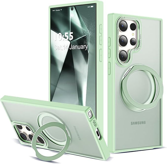 Compatible with Samsung Galaxy S24 Ultra Case with 360Rotatable Magnetic Ring Stand Compatible with Mag-Safe Military Protection Matte Translucent Phone Cases for S24 Ultra 6.8",Green