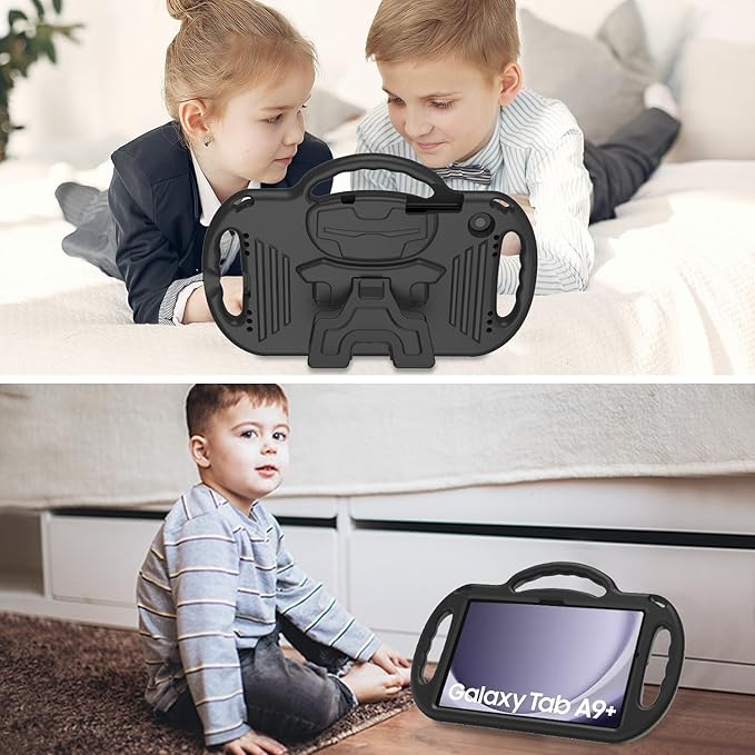 AVAWO Kids Case for Samsung Galaxy Tab A9+/A9 Plus 11 Inch 2023 Case, with Strap, Shockproof Lightweight Handle Stand 2023 Model (SM-X210/X216/X218), Black