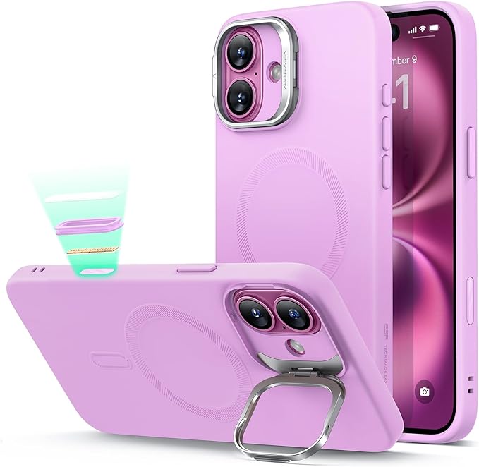 ESR for iPhone 16 Plus Case, Camera Control Button Silicone Case with Stand, Compatible with MagSafe, Built-in Camera Stash Stand, Magnetic Phone Case for iPhone 16 Pro Max, Cloud Series, Pink
