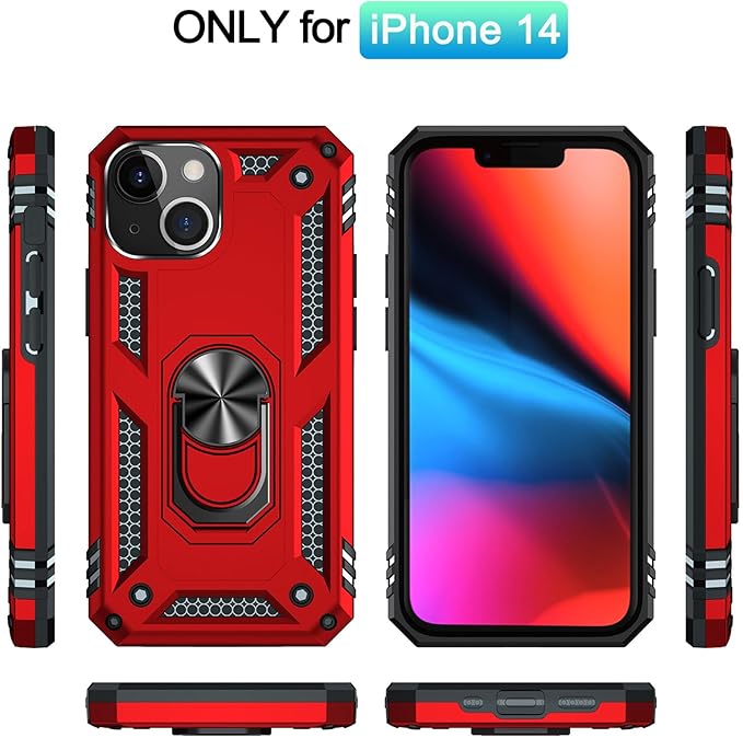 ADDIT Phone Case for iPhone 14 Case,with Kickstand Ring,Adjustable Stand,Military Grade,Heavy Duty Protection,Shockproof,Anti-Fingerprint,Support Magnet Car Mount,Red