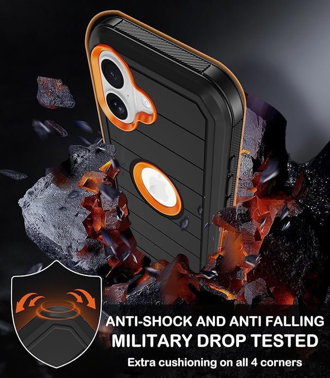 for iPhone 16 Case with 2 Screen Protectors,Heavy Duty Shockproof Drop Protection Military Grade Tri-Layer Rugged Cell Phone Cover with Belt Clip Holster & Kickstand for Apple 16 6.3“ Black Orange
