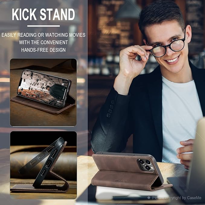 for iPhone 13 Pro Max Case, Flip Wallet Leather Case with Card Holder Magnetic Closure Shockproof Kickstand Protective Phone Cases Cover for iPhone 13 Pro Max, Coffee