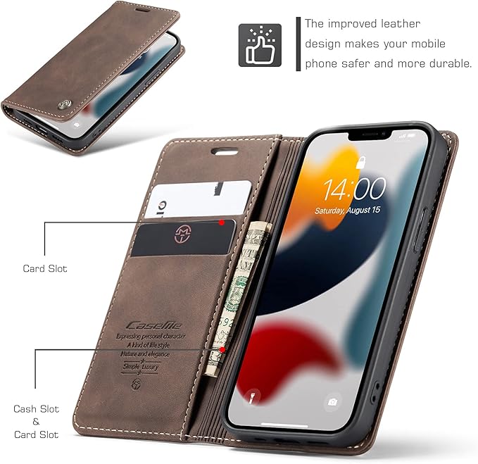 for iPhone 13 Mini Case 5.4", Flip Wallet Leather Case with Card Holder Magnetic Closure Shockproof Kickstand Protective Phone Cases Cover for iPhone 13 Mini,Coffee