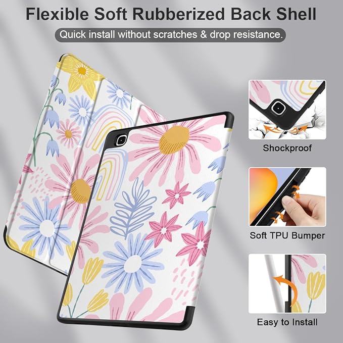 DONGKE Case for Samsung Galaxy Tab S6 Lite 10.4 Inch 2024/2022/2020, Trifold Stand + S Pen Holder + Auto Wake/Sleep + Soft TPU Protective Stand Back Cover, Colorful Florals