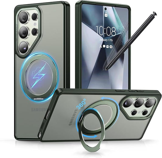 QTlier Phone case for Galaxy S25 Ultra- 360 Rotatable Magnetic Ring Stand, Military-Grade Protection, Raised Camera Frame Green