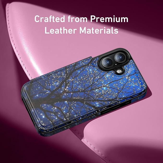 FUNMIKO for iPhone 16 Wallet Case with Card Holder, RFID-Blocking, Military-Grade Protection & UV-Printed Artwork, Magnetic Closure with Leather Kickstand - Dreamy Wishing Tree