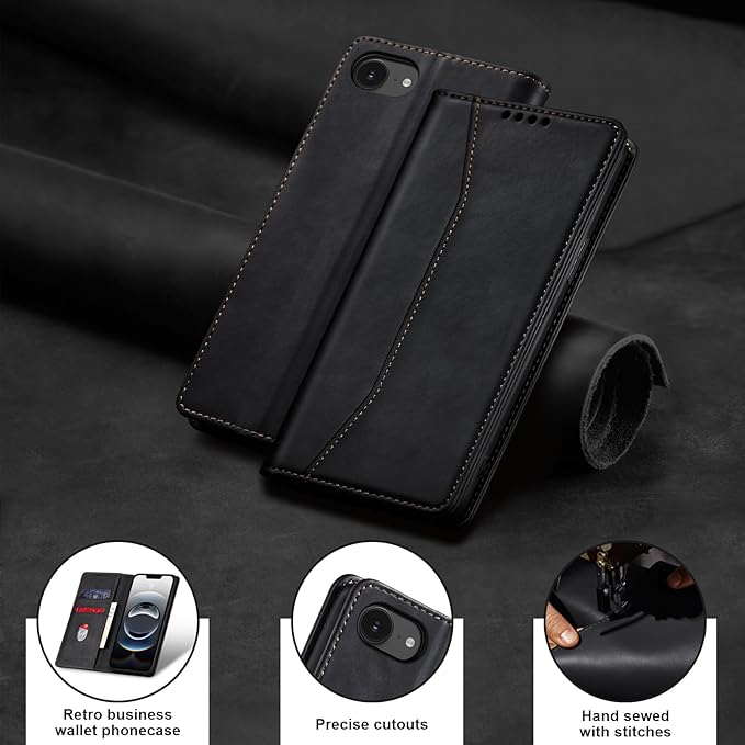 Jasonyu Flip Wallet Case for iPhone 16E,Leather Magnetic Folio Cover with Card Holder,Kickstand - TPU Shockproof Durable Protective Phone Case,Black