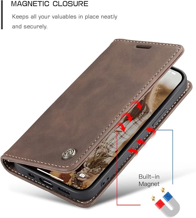 for iPhone 13 Case, Flip Wallet Leather Case with Card Holder Magnetic Closure Shockproof Kickstand Protective Phone Cases Cover for iPhone 13, Coffee