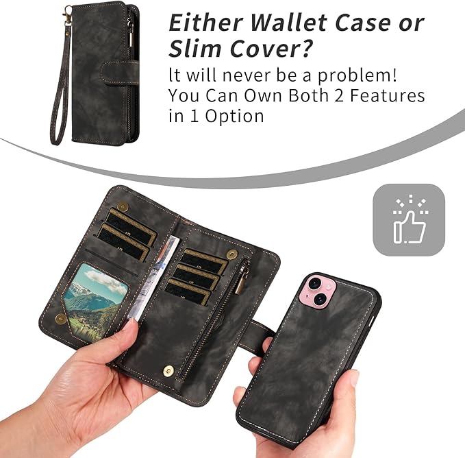 Asuwish Phone Case for iPhone 15 6.1 inch Zipper Wallet Magnetic Cell Cover with Tempered Glass Screen Protector Crossbody Strap Flip Credit Card Holder iPhone15 5G i i-Phone i15 15Case Women Black