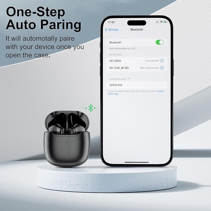 Bluetooth 5.3 Wireless Earbuds for iPhone 16/17 Pro, 8-Hour Playtime, Clear Calls & Enhanced Bass Works with iOS/Android