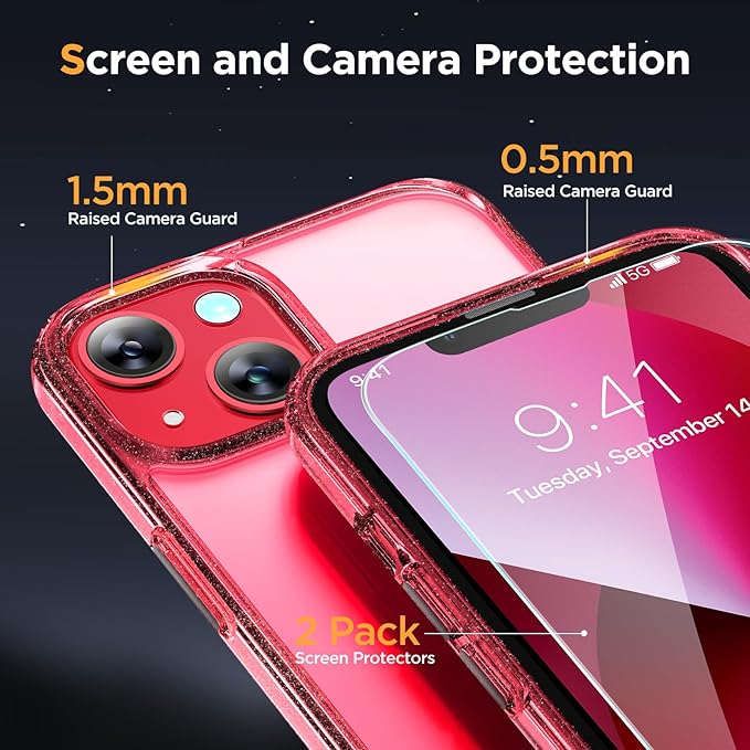 Miracase Magnetic for iPhone 13 Case 6.1 inch (Compatible with MagSafe)（with 2X Screen Protectors） Military-Grade Protection, Anti-Fingerprint Translucent Matte Phone Case Cover, Glitter Red