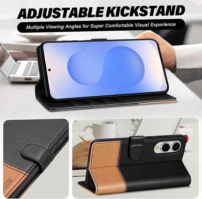 TUCCH Wallet Case for Galaxy S25 Edge 5G, Magnetic PU Leather Stand RFID Blocking [4 Card Slots] Folio Protective Cover with TPU Shockproof Inner Shell Compatible with Galaxy S25 Edge, Black & Brown