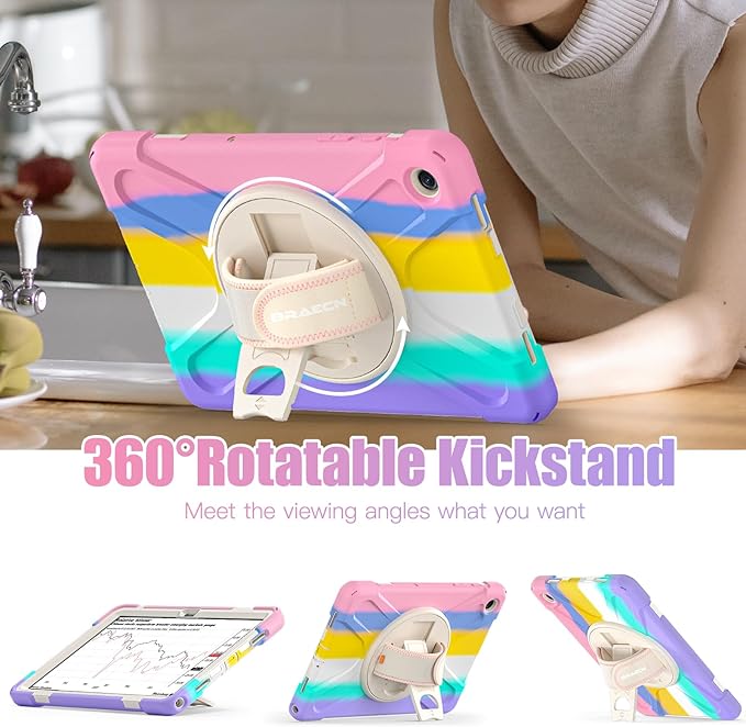 BRAECNstock Kids Case for Samsung Galaxy Tab A9+ Plus 11 inch (SM-X210/X216/X218) Shockproof Protective Case with Screen Protector Pen Holder [360° Rotating Hand Strap+Stand], Colorful Pink