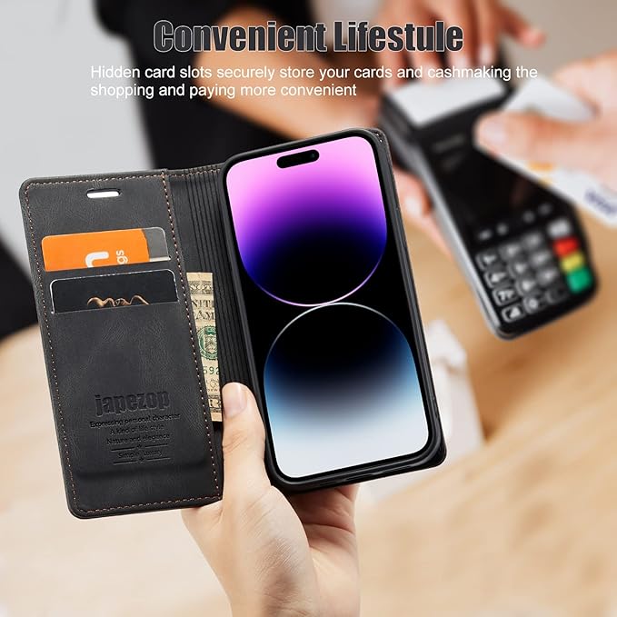 japezop Compatible with iPhone 14 Pro Max Wallet Case with [RFID Blocking] Card Holder Kickstand Magnetic,Leather Flip Case Wallet for iPhone 14 Pro Max 5G 6.7 Inch (Black)