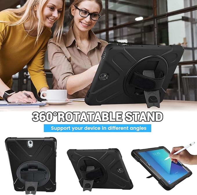 DreamerX for Samsung Galaxy Tab S3 9.7 Case T820/T825/T827, Heavy Duty Rugged Full Body Drop Protective Silicone Cover for Kids with Rotating Stand Handle Hand Strap Carrying Shoulder Strap, Black