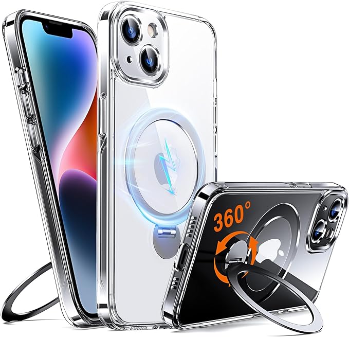 360° O-Ring MagStander for iPhone 13 Case, iPhone 14 Case with Magnetic Stand Ring Holder [Compatible with MagSafe][15FT Military Shockproof] Kickstand iPhone 13/14 Phone Cover Clear