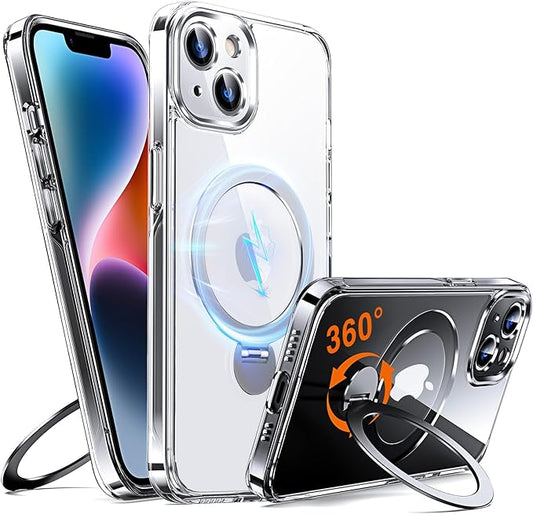360° O-Ring MagStander for iPhone 13 Case, iPhone 14 Case with Magnetic Stand Ring Holder [Compatible with MagSafe][15FT Military Shockproof] Kickstand iPhone 13/14 Phone Cover Clear